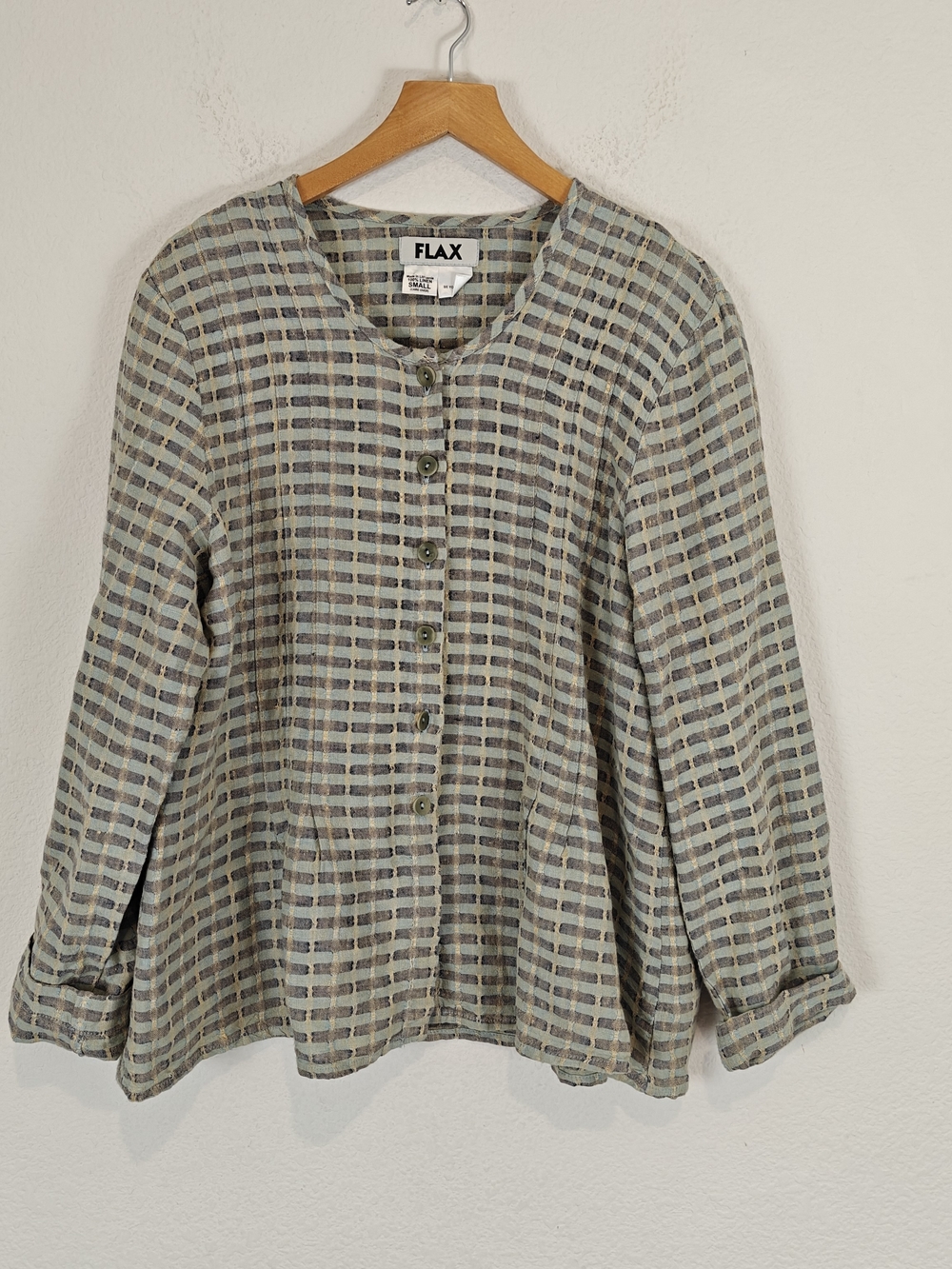FLAX  Linen Gray Green Plaid Button-Up Blouse Relaxed Cottagecore Langenlook SM